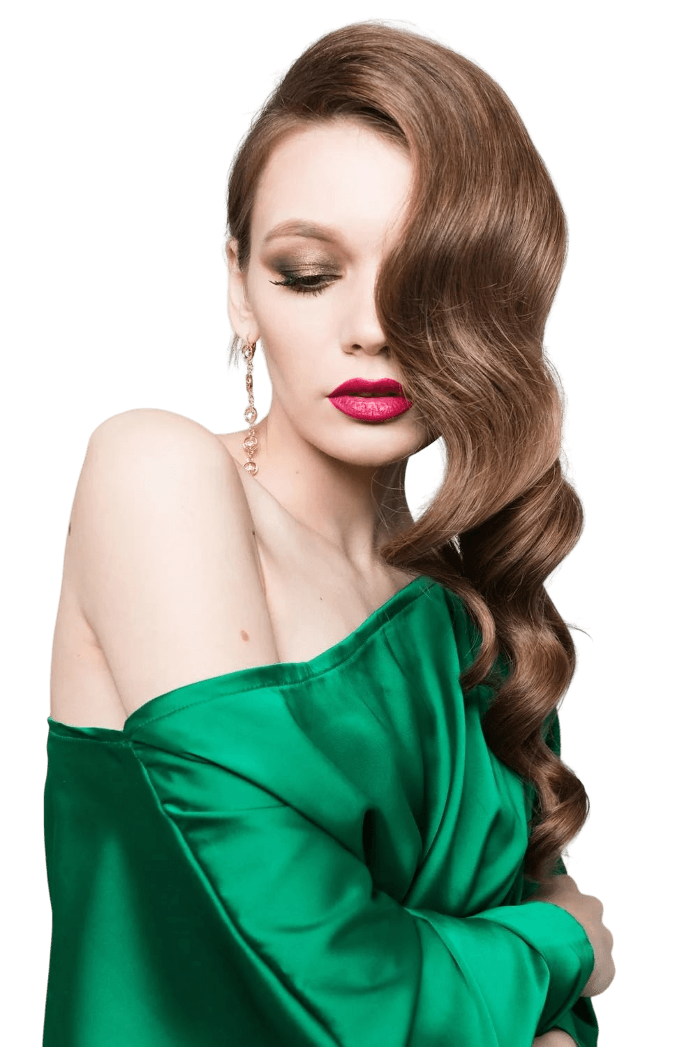 Beautiful white woman in green clothing.